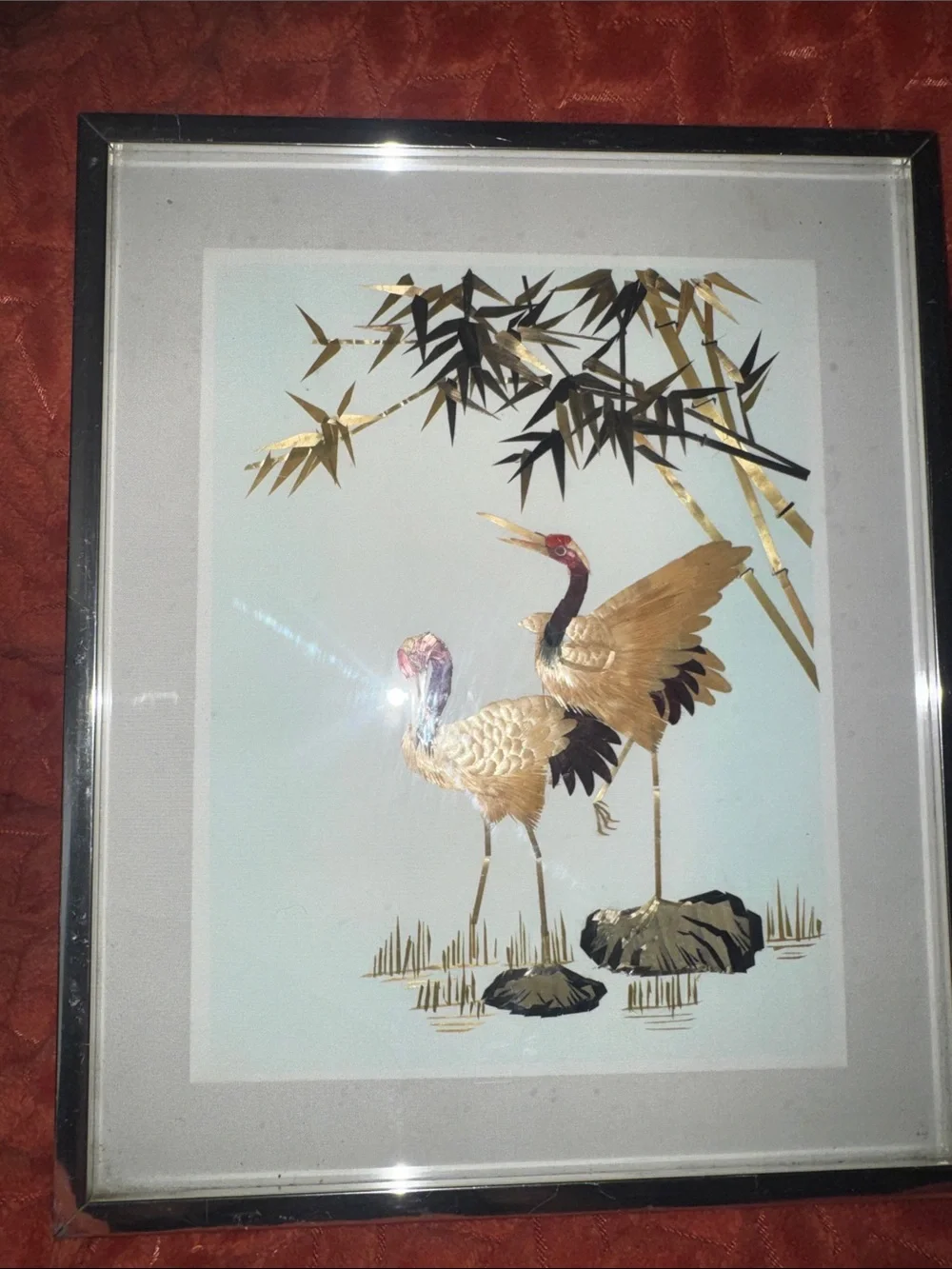 VTG Mid-Century Japanese Straw Mosaic Art | Majestic Cranes in Bamboo Forest